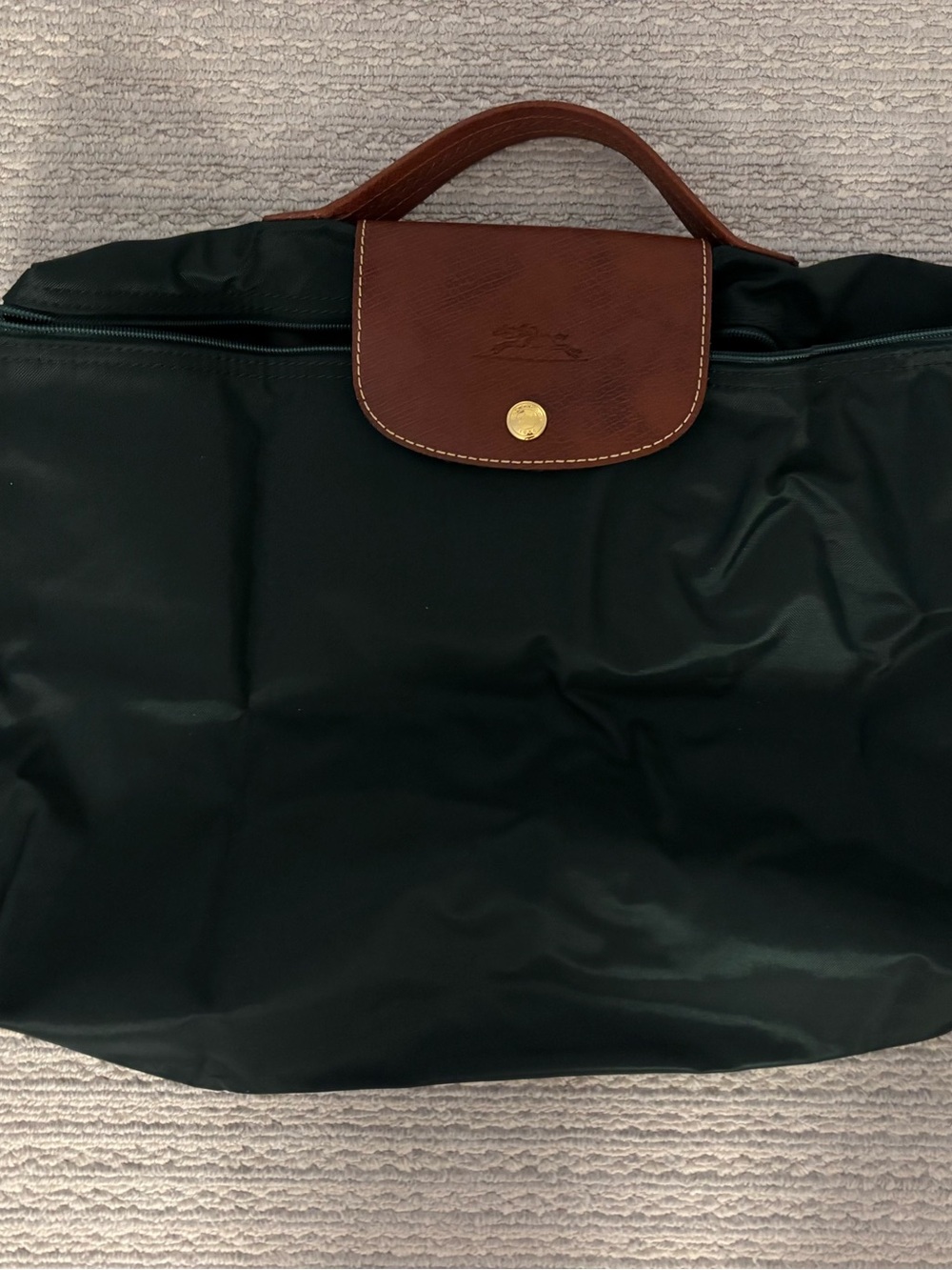 Longchamp Le Pliage Nylon Briefcase. Hunter Green with Brown Leather Handle